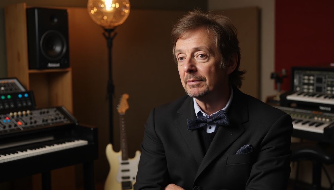 Paul McCartney deep in thought in a music studio.