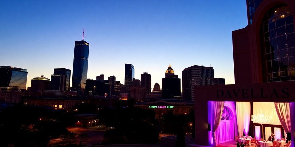 Dallas skyline with event venue details.