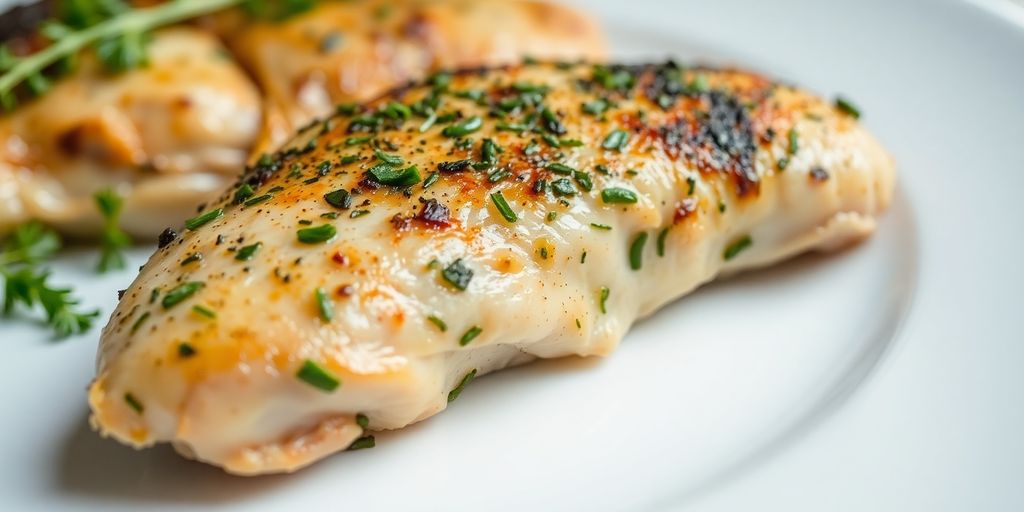 Cooked chicken breast with herbs on a plate.