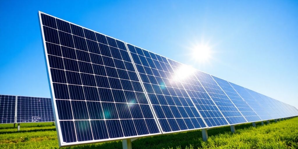 Bifacial solar panels in a sunny green field.