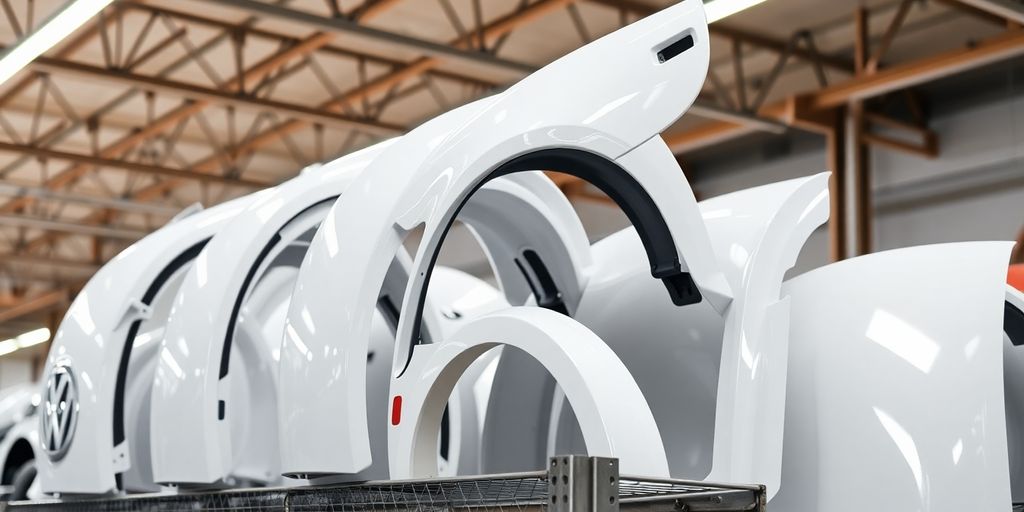 Shiny new Volkswagen body panels on a rack.