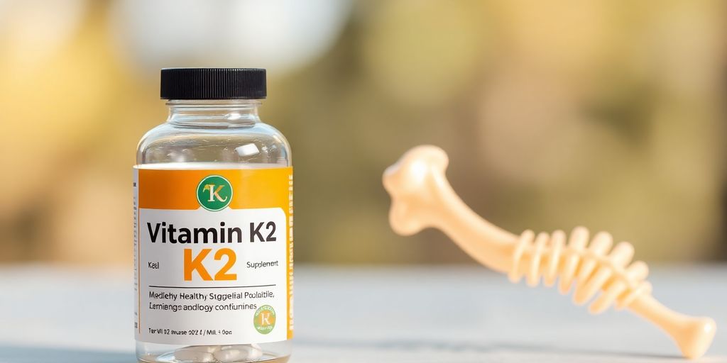 Bottle of Vitamin K2 supplement near healthy bones.