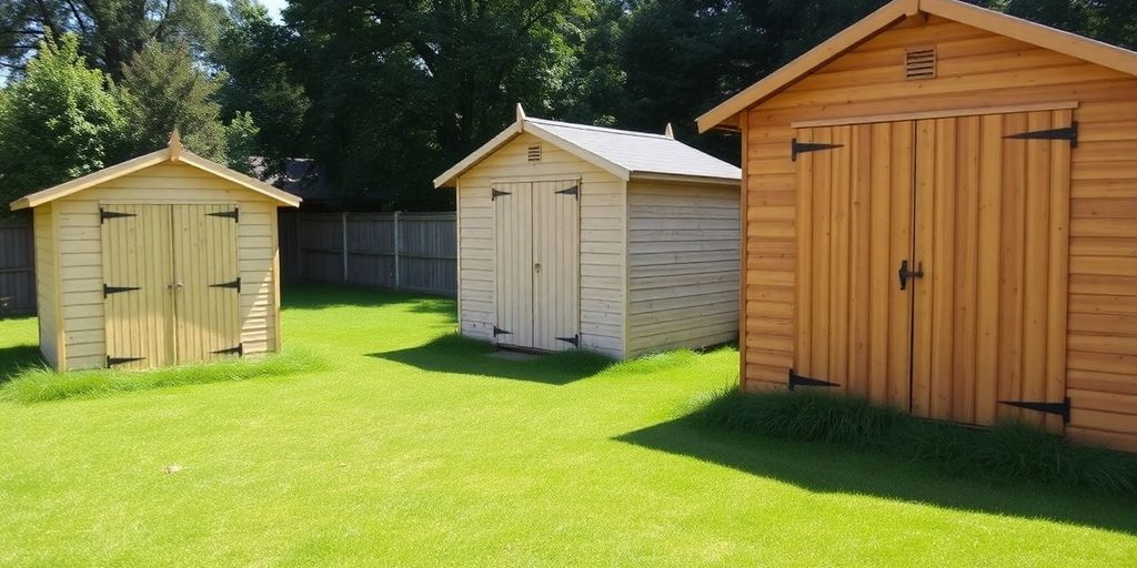 A small shed, a medium shed, and a large shed.