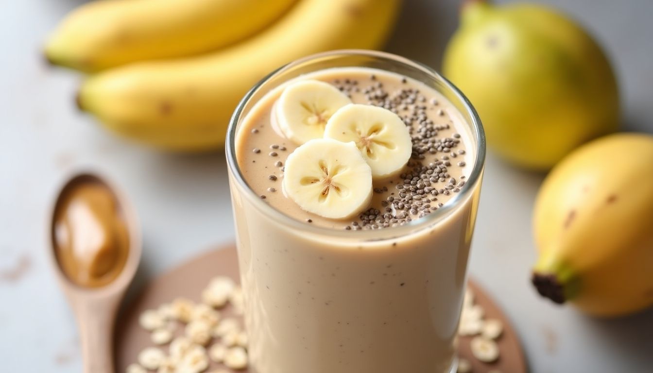 Oatmeal Peanut Butter Smoothie with banana and chia seeds.