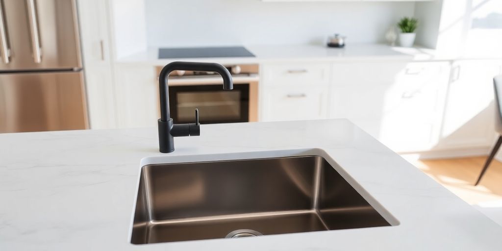 Modern stainless steel kitchen sink with marble countertop black faucet