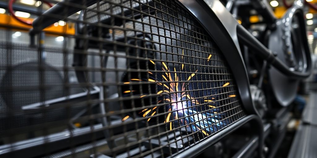 Close-up of mesh welding equipment in automotive manufacturing.
