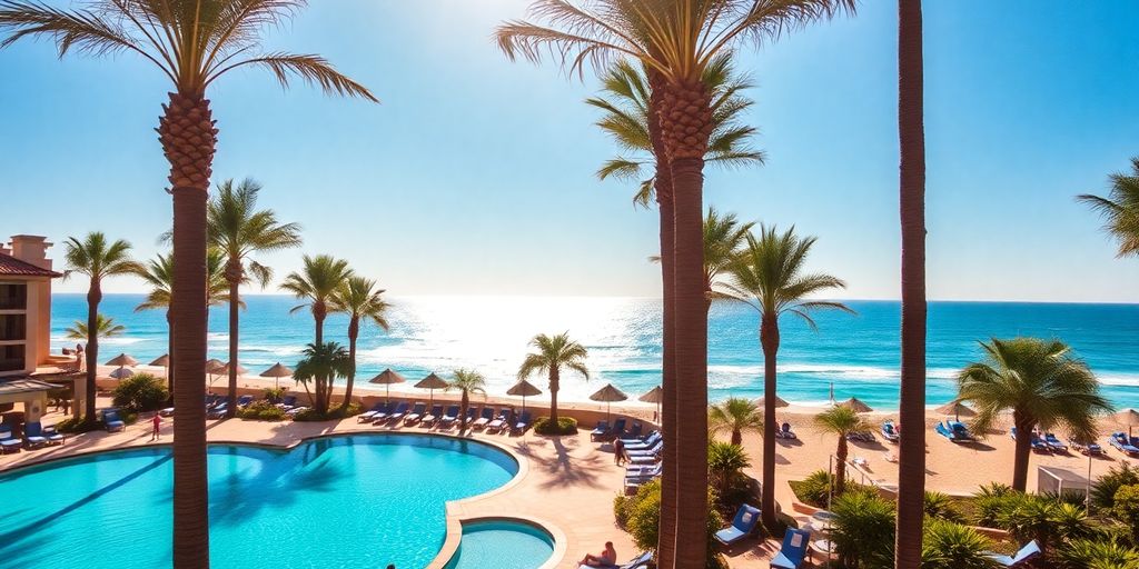 Beach, resort, swimming pool, palm trees, ocean, sunny, luxurious