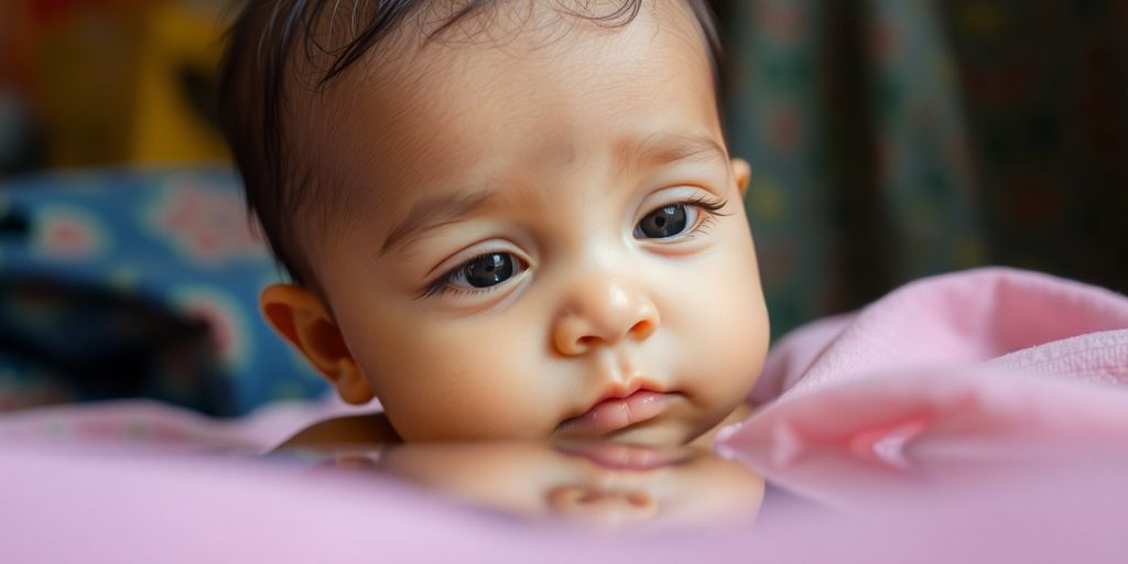 Infant gazing in curiosity at a reflective surface.