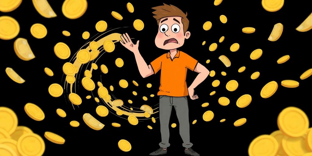Cartoon man confused by money, dark background