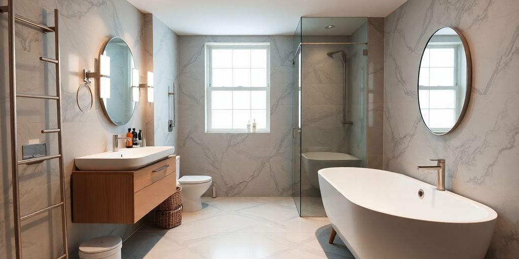 Modern bathroom renovation with stylish fixtures and tools.