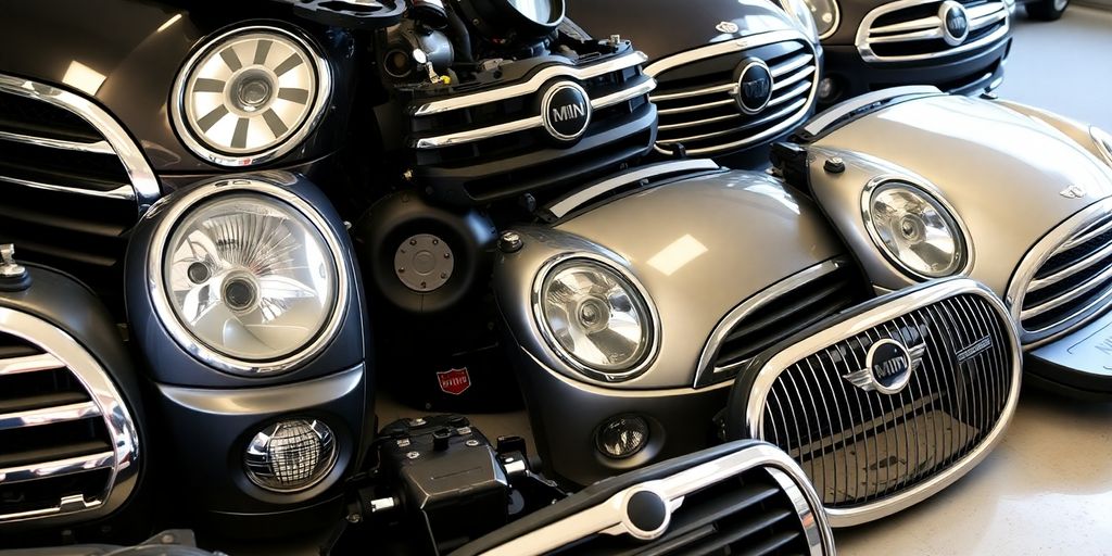 Mini Cooper parts neatly arranged.