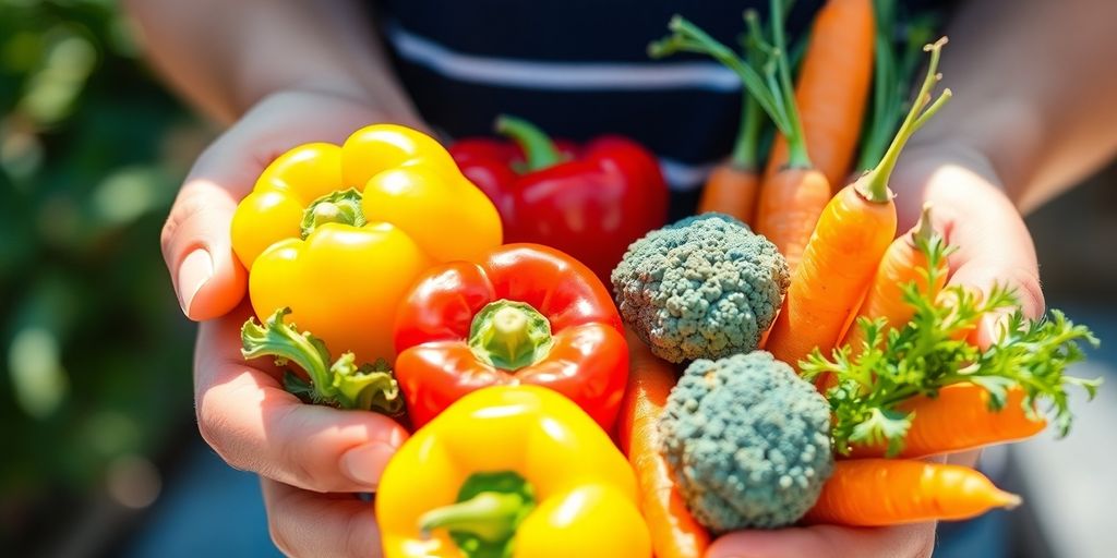 Person smiling, holding colorful fresh vegetables.