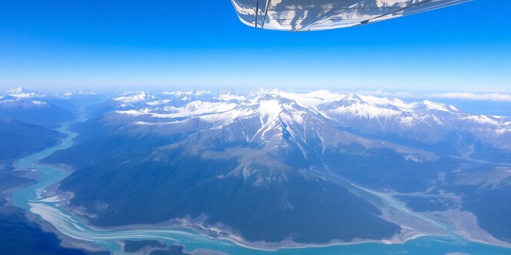 An airplane soaring above snowy Alaskan mountains and glacial rivers.