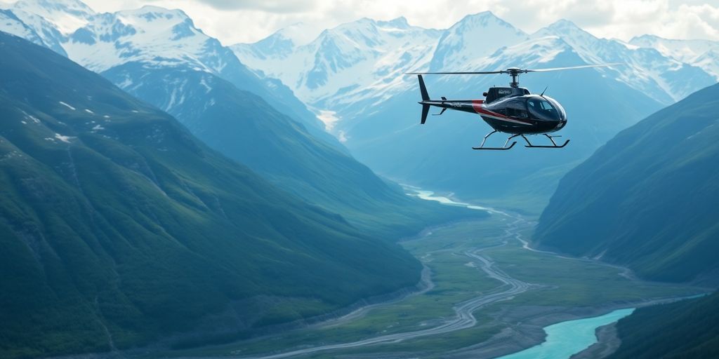A helicopter soars over vast, snow-capped Alaskan mountains.
