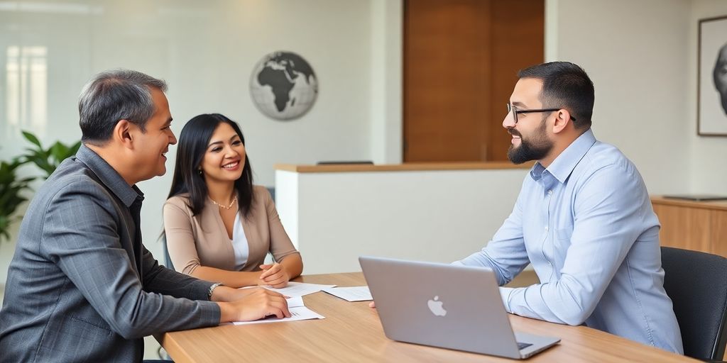 Mortgage broker consulting with clients in a sleek office.