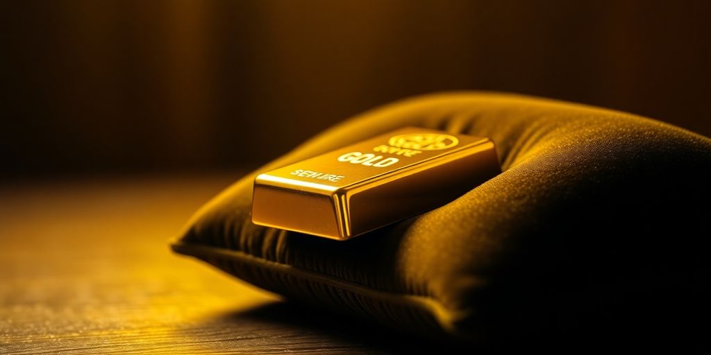 Lingot d'or sur un coussin en velours.