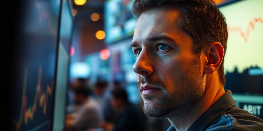Trader looking at multiple computer screens intently.