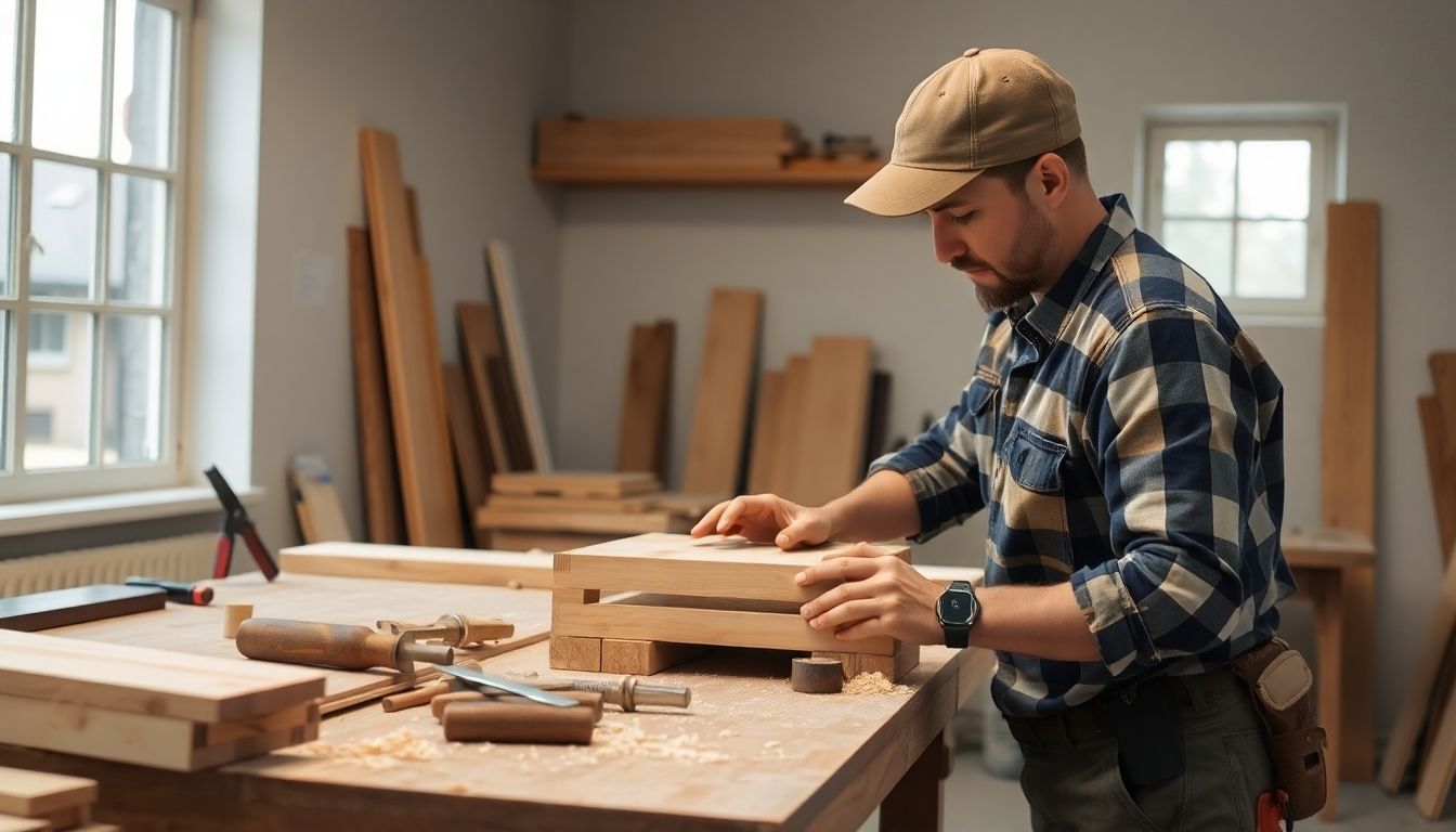 Carpenter at work in a bright workshop.