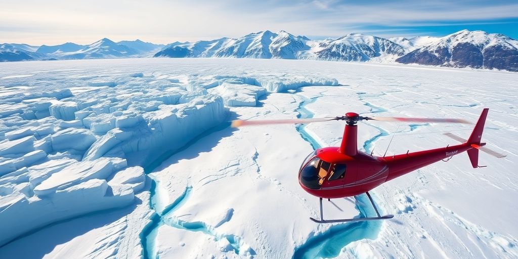 A red helicopter soars above a massive Alaskan glacier.