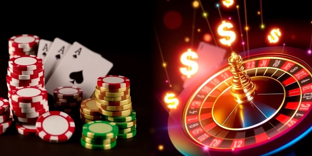 Real casino chips and glowing crypto coins