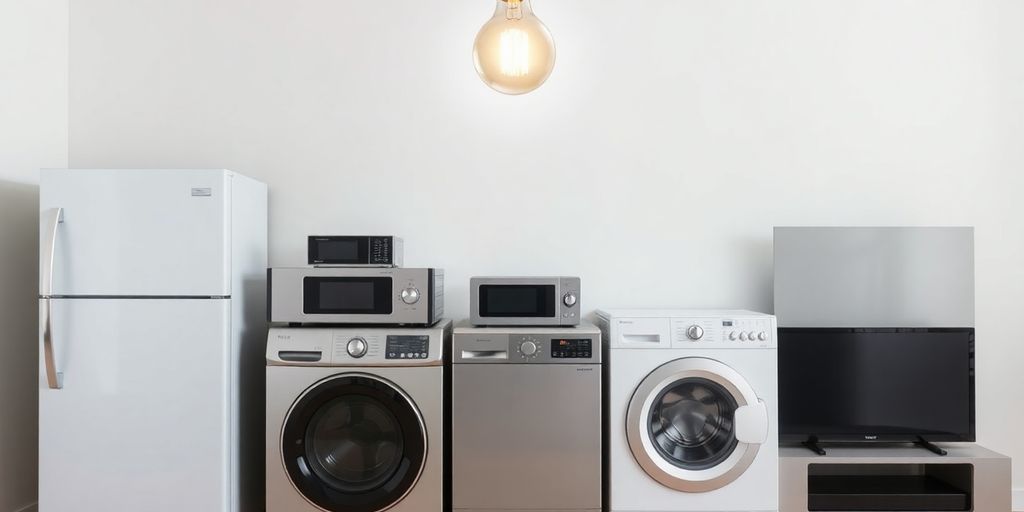 Home appliances and energy-saving light bulb.