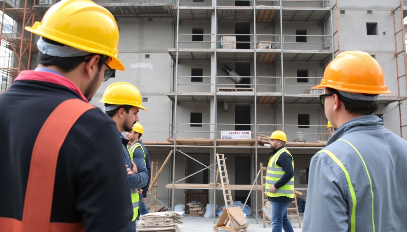 Construction workers refurbishing a commercial building.