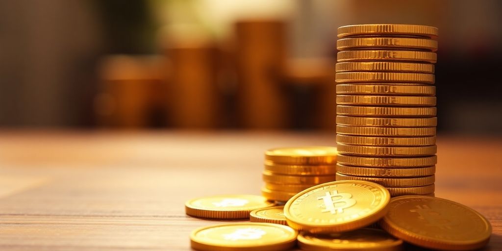 Des pièces d'or empilées sur une table en bois.