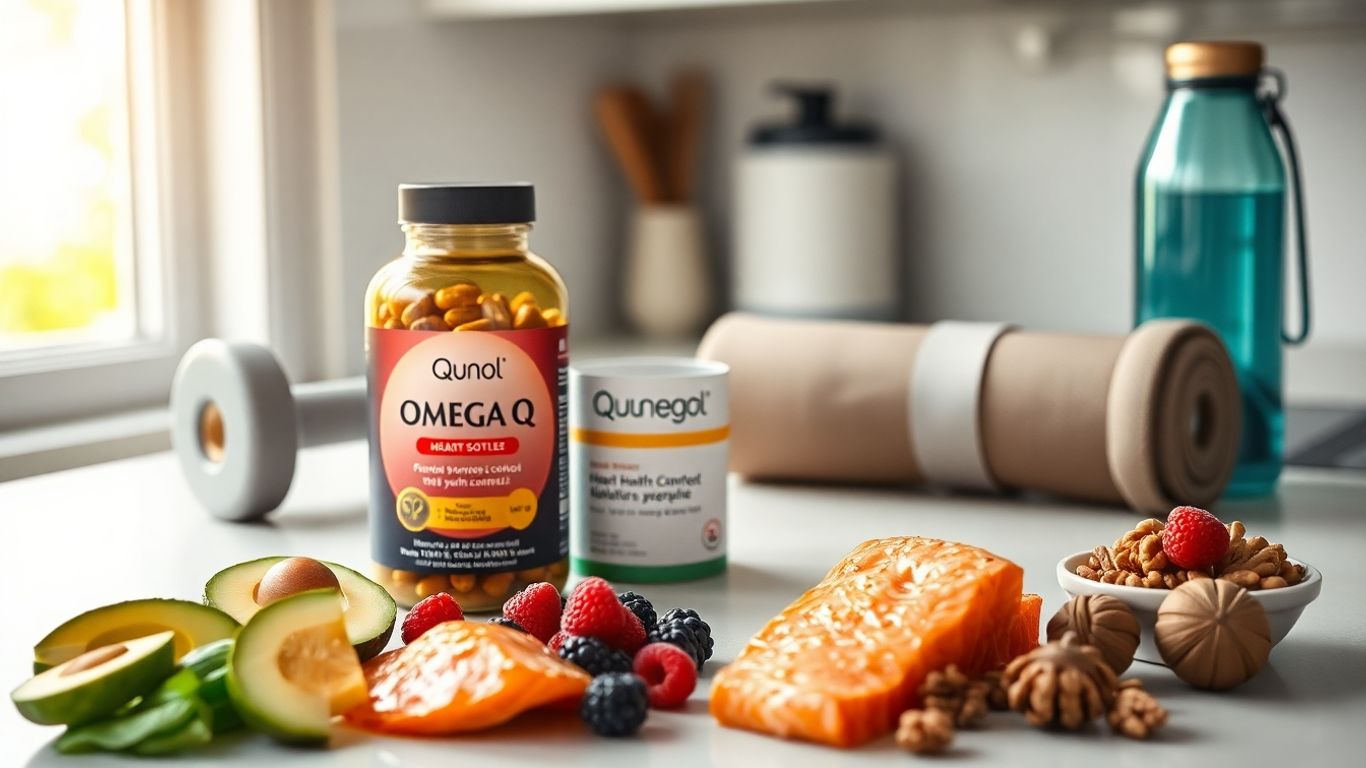 Qunol Omega Q bottle, softgels, salmon, avocado, smartwatch, water, dumbbells.