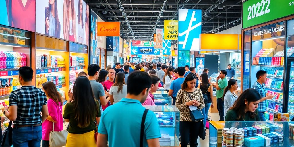 Diverse consumers engaging in a lively retail shopping environment.