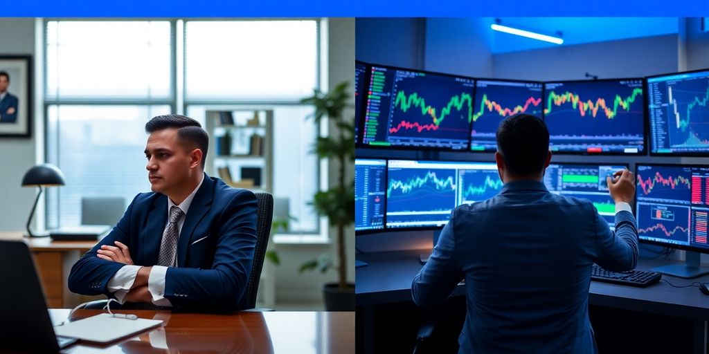 Investor in an office, analyzing options and stocks.