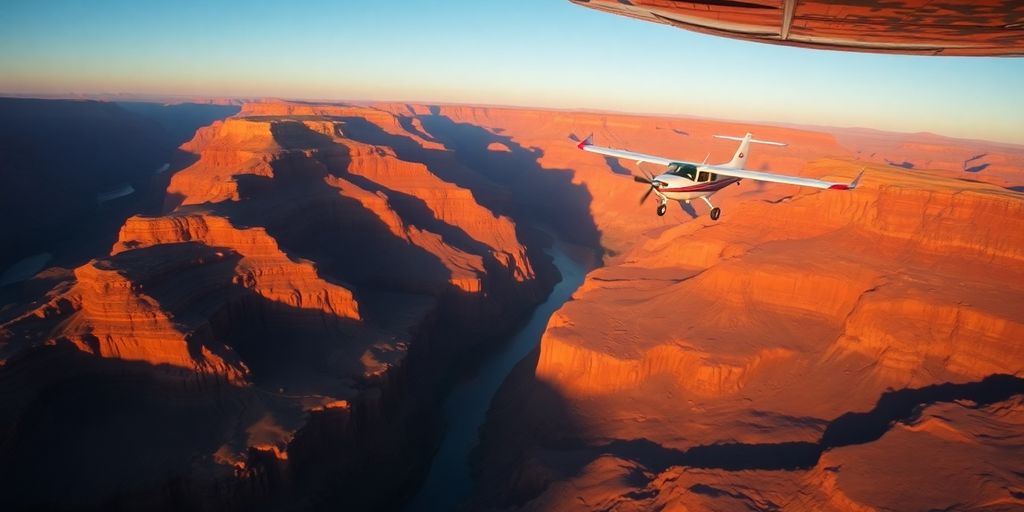 An airplane soars over the vast Grand Canyon at sunrise.