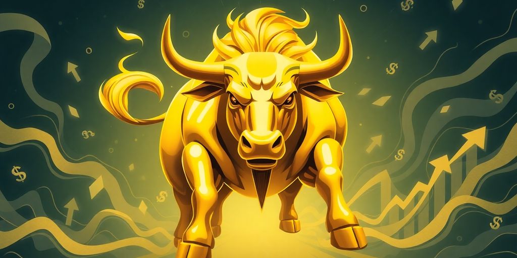 Golden bull charging through financial clouds.