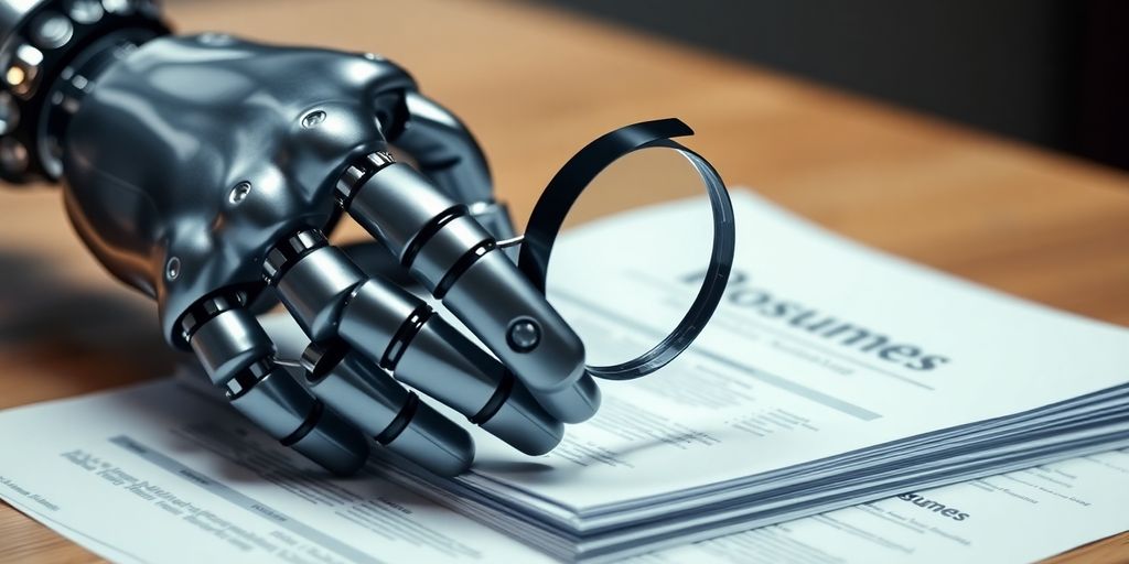 Robot hand holds magnifying glass over resume