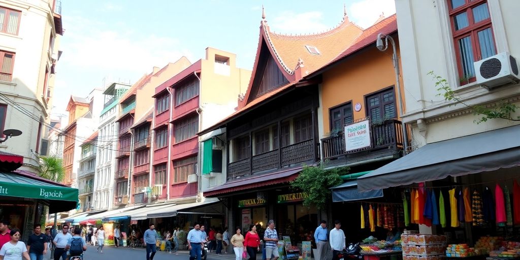 Vibrant street scene of Bangkok's Old Town with markets.