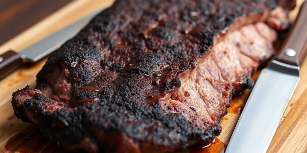 Smoked beef brisket flat on cutting board.