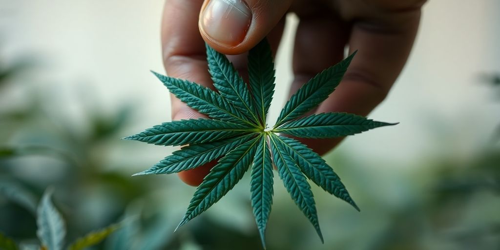 Hand breaking cannabis leaf, symbolizing overcoming addiction.