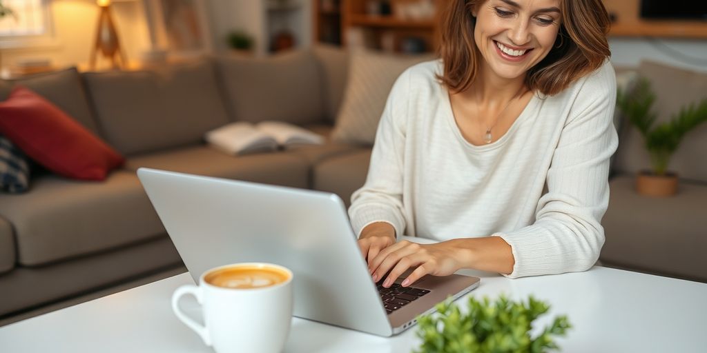 Woman renewing prescription online at home