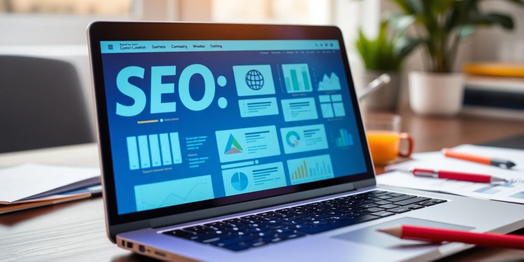 Laptop with SEO tools on a creative workspace.