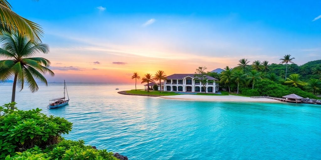 Beachfront property in Phuket with palm trees and sunset.