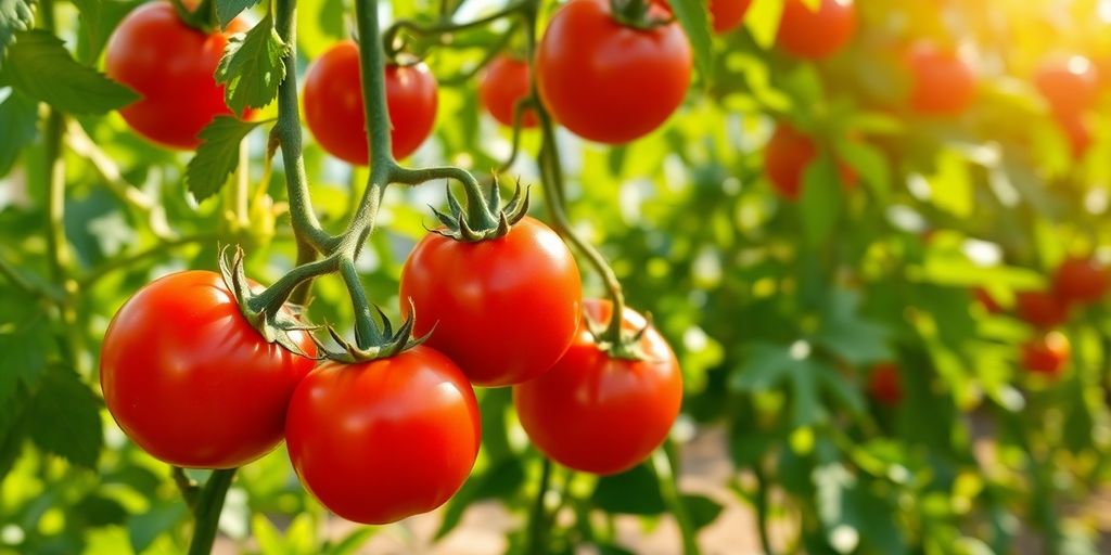 Tomatoes ripening on vines in a garden.