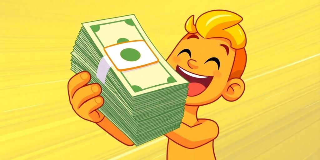 Cartoon character receiving a fast money transfer.