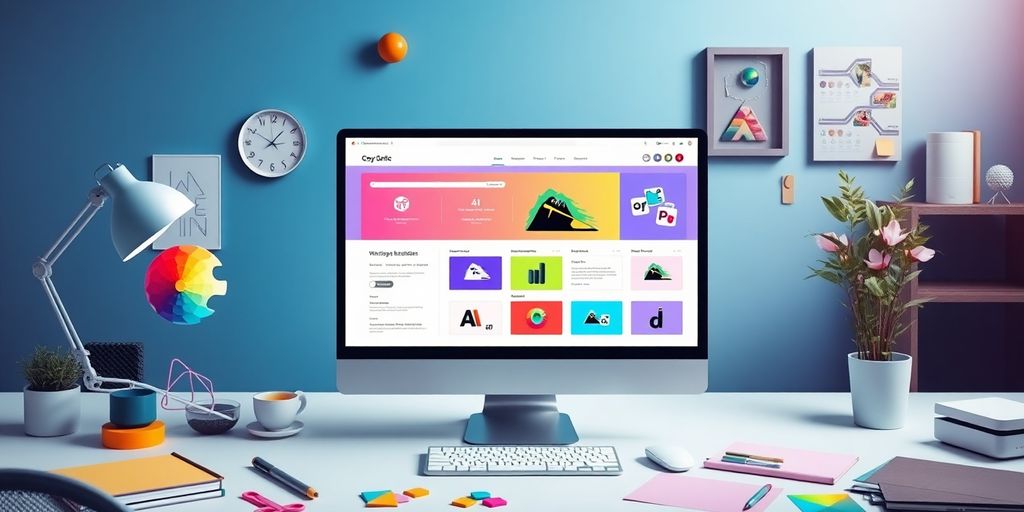 A workspace with an AI website builder on a screen.