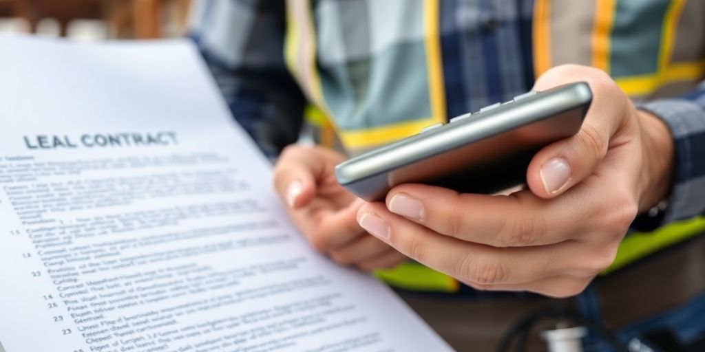 Construction worker calculating compensation at a job site.