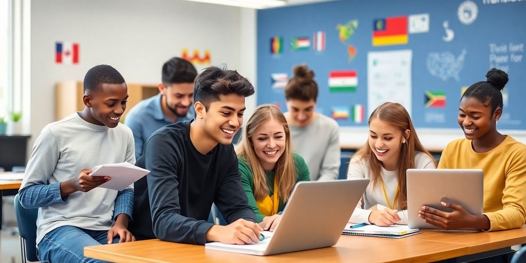 Diverse students collaborating with translation tools in a classroom.