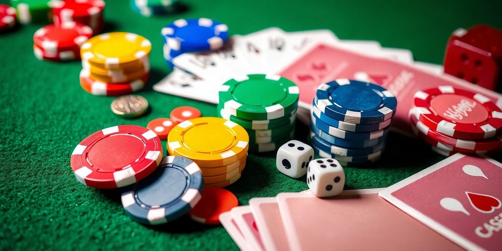 Populaire casinospelen met fiches, kaarten en dobbelstenen.