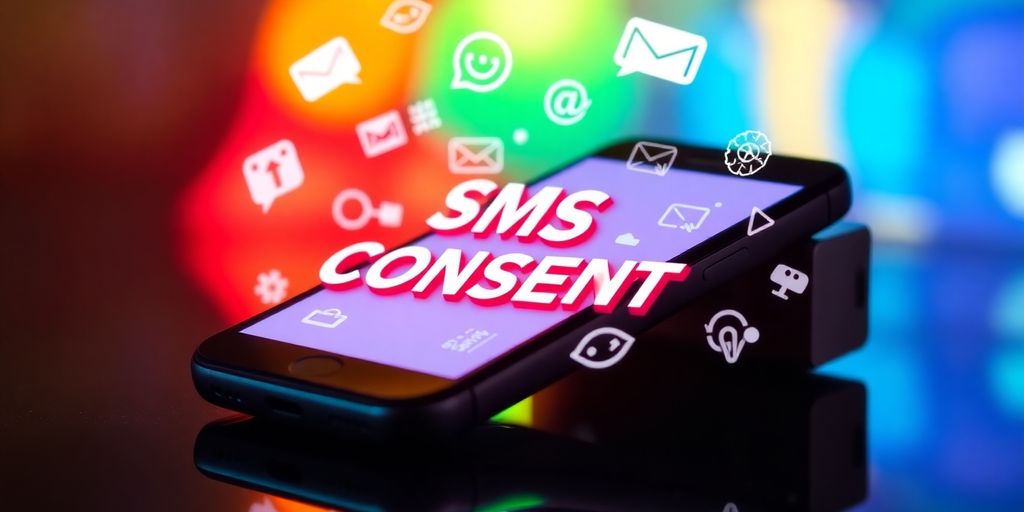 Téléphone mobile avec icônes SMS et marketing.