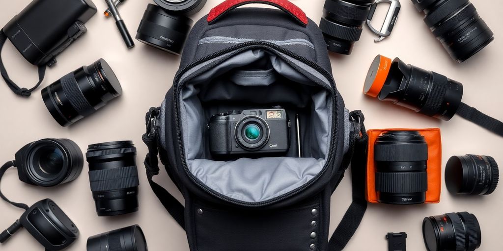 Borsa per fotocamera con attrezzatura in un ambiente accattivante.