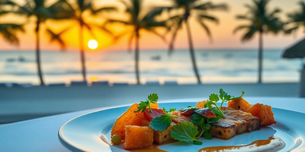 Table with gourmet food, ocean view, sunset