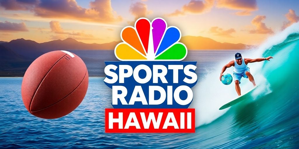 Colorful sports collage with Hawaiian scenery and activities.