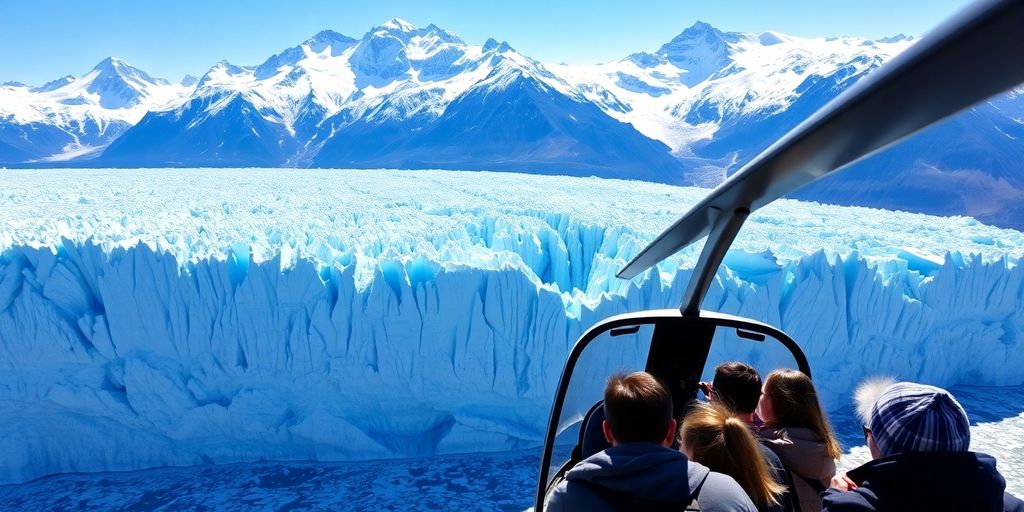 A helicopter flies over a majestic Alaskan glacier and mountains.